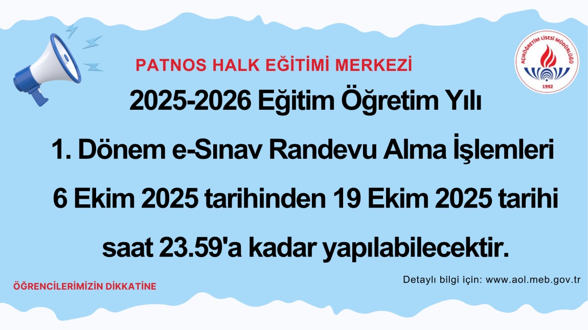 1. Dönem E - Sınav Randevu Alma İşlemleri 6 Ekim 2025 Tarihinden 19 Ekim 2025 Tarihi Saat 23. 59'a Kadar Yapılabilecektir.